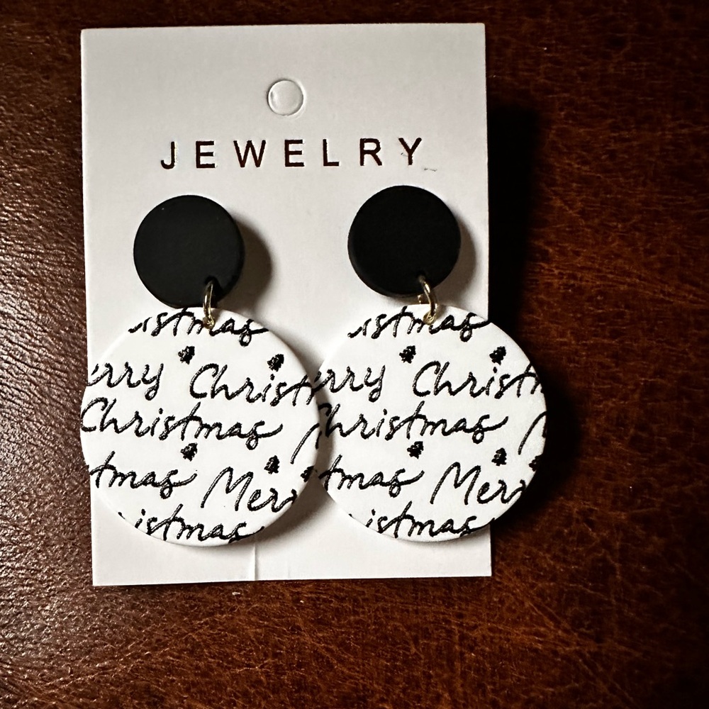 Holiday dangle pierced Earrings black and white holiday script